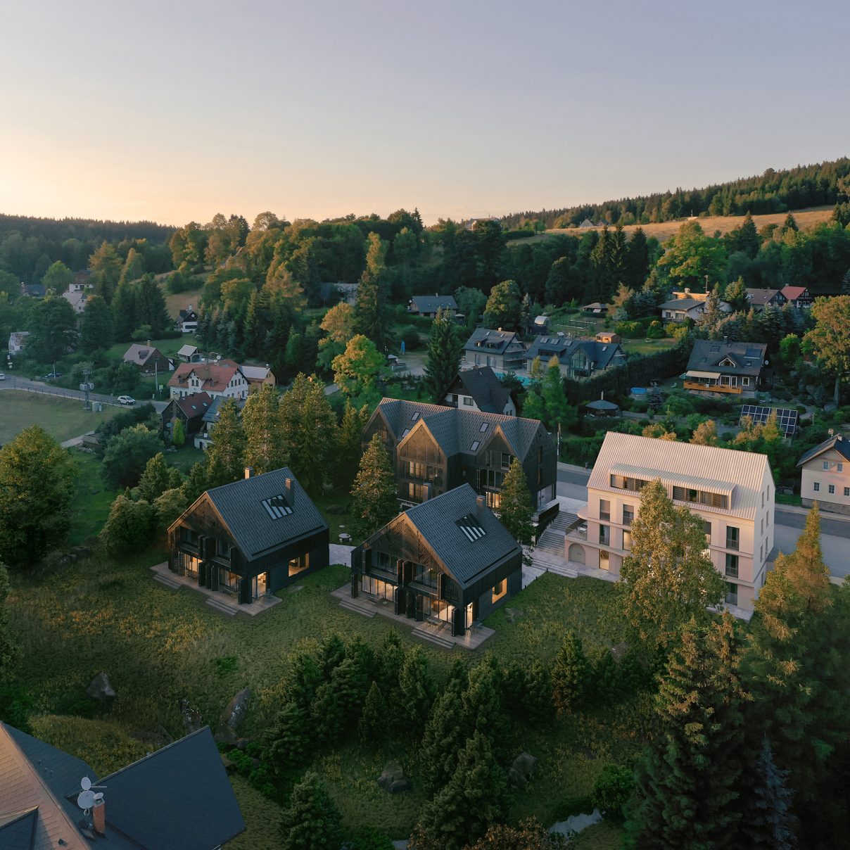 aeral visualization apartment complex in the mountains